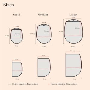Size comparison chart of Naiades planters in small, medium, and large