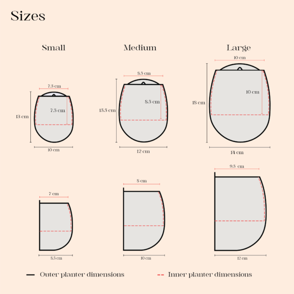 Size comparison chart of Naiades planters in small, medium, and large