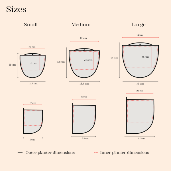 Size comparison chart of Naiades wall planters in small, medium, and large