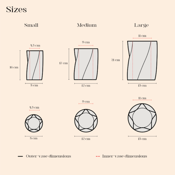Size comparison chart of Amphitrite vases in small, medium, and large