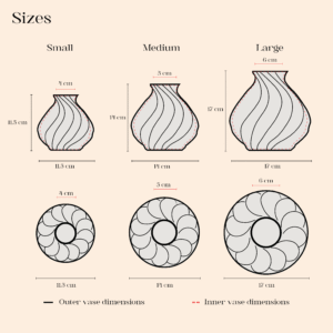 Size comparison chart of Astraeus 3D printed vases in small, medium, and large