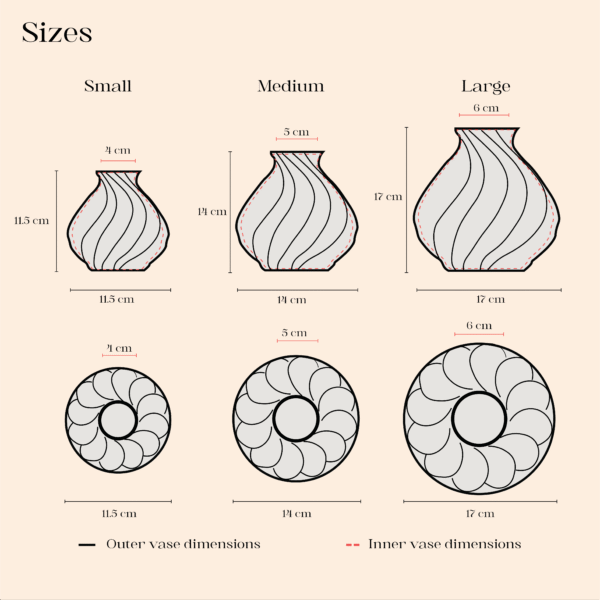 Size comparison chart of Astraeus 3D printed vases in small, medium, and large