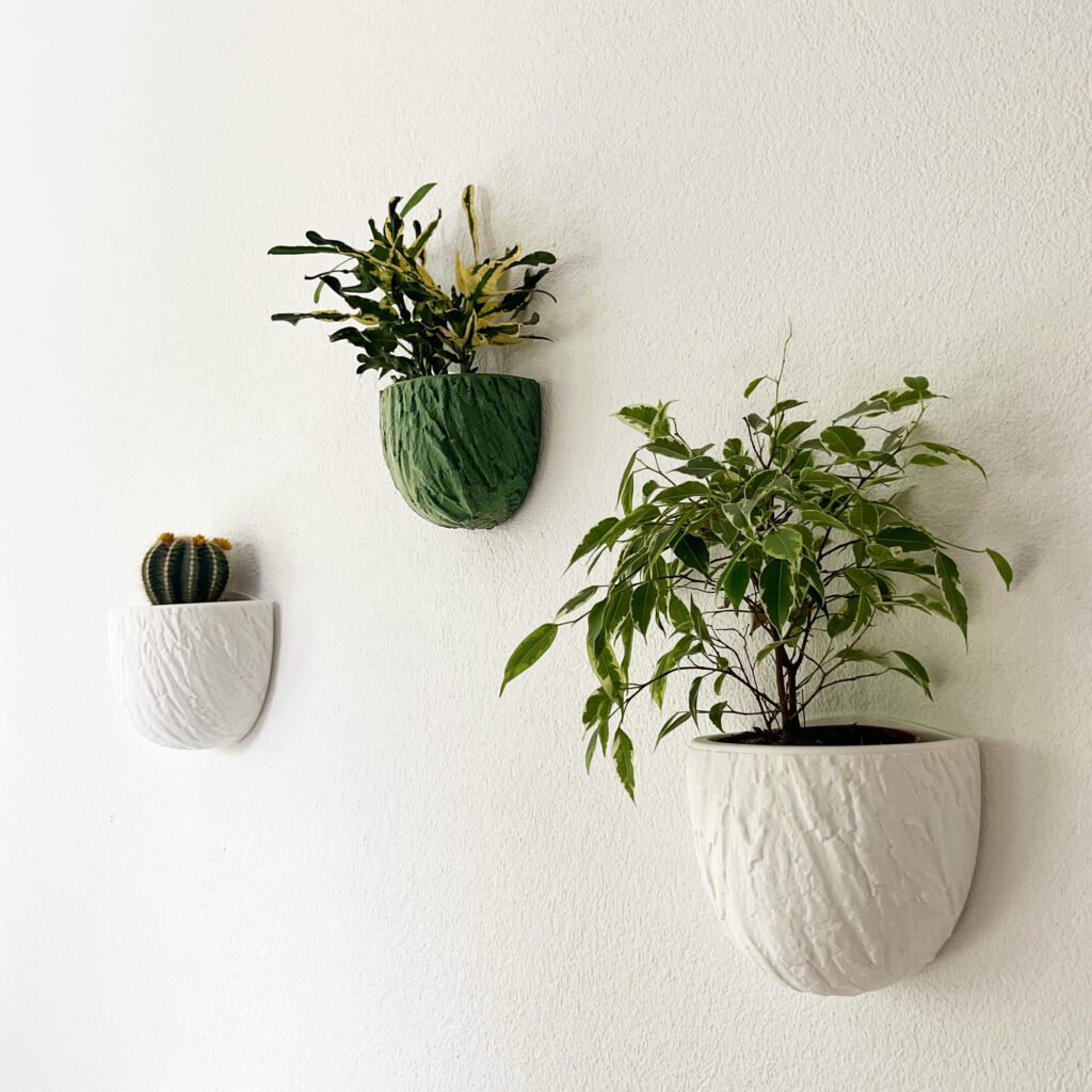 Three wall-mounted sculptural planters in white and green, each holding a different plant